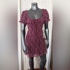 NWT B DARLIN Smocked Burgundy & White Floral Puff Sleeve Mini Sundress